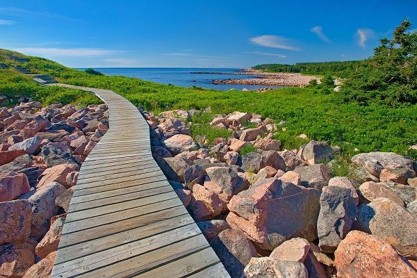 Canada-Nova Scotia-Cape Breton Island Wooden walkway along rocky shoreline